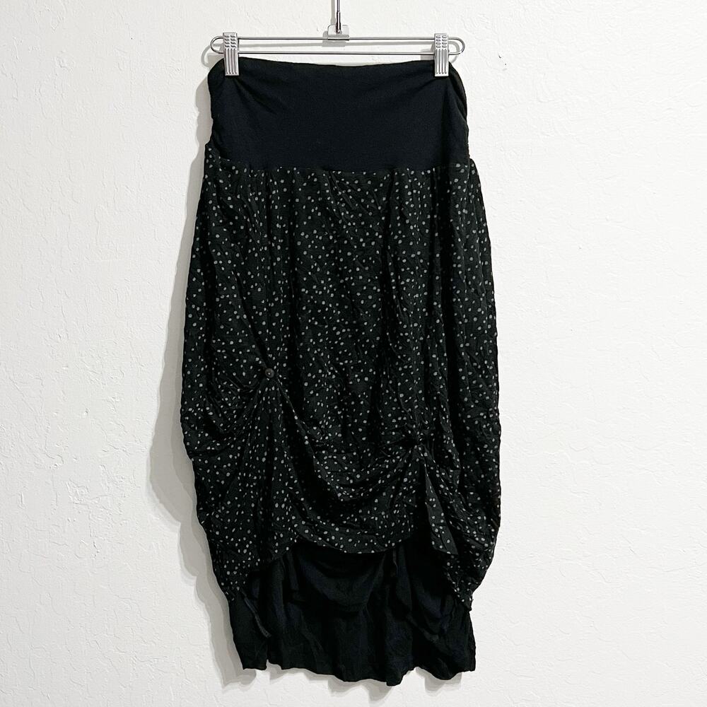 Chalet et Cici Skirt XS Pull On Knit Ruched Lagenlook Black Reversible Dots